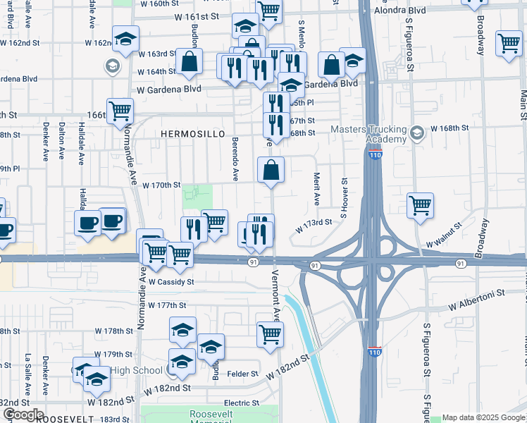 map of restaurants, bars, coffee shops, grocery stores, and more near 17117 South Vermont Avenue in Gardena