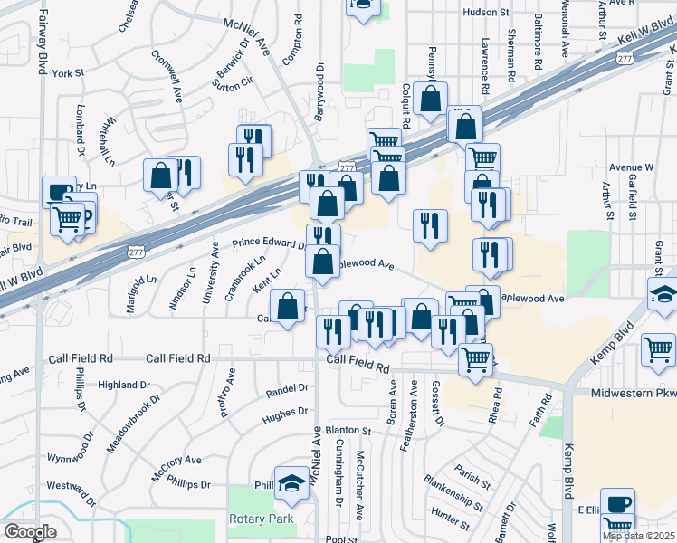 map of restaurants, bars, coffee shops, grocery stores, and more near 3200 Maplewood Avenue in Wichita Falls