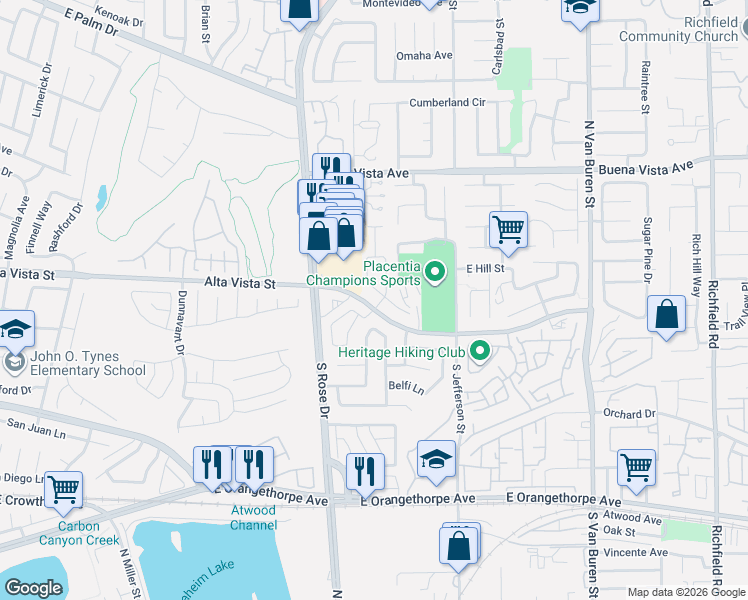 map of restaurants, bars, coffee shops, grocery stores, and more near 603 Patten Avenue in Placentia