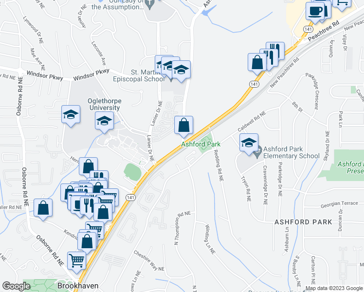 map of restaurants, bars, coffee shops, grocery stores, and more near Peachtree Rd NE & Ashford Dunwoody Rd NE in North Atlanta