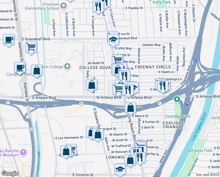 map of restaurants, bars, coffee shops, grocery stores, and more near 6665 Long Beach Boulevard in Long Beach