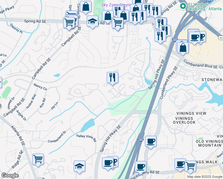 map of restaurants, bars, coffee shops, grocery stores, and more near 1603 Cumberland Court in Smyrna