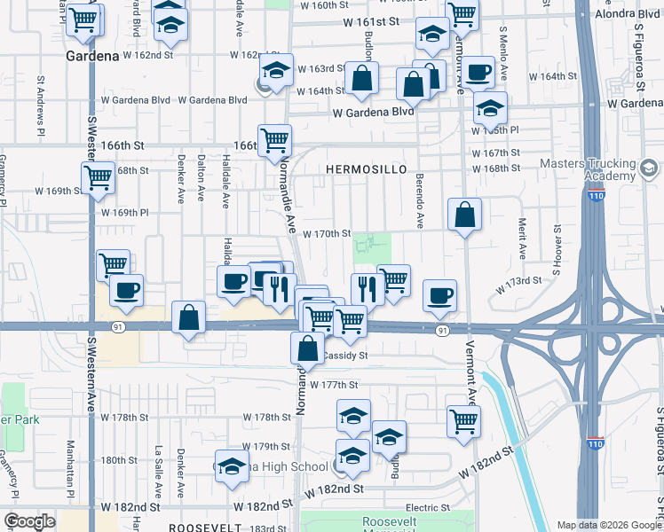 map of restaurants, bars, coffee shops, grocery stores, and more near 17016 Steven Street in Gardena