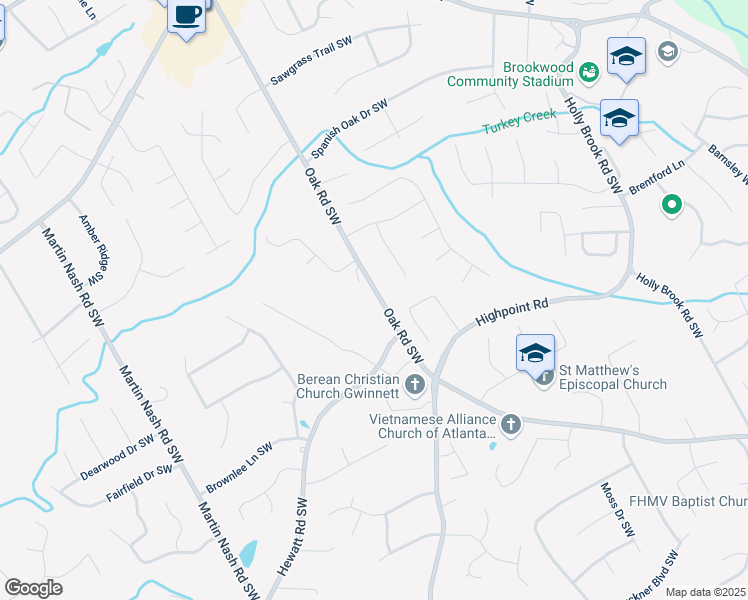 map of restaurants, bars, coffee shops, grocery stores, and more near 1349 Oak Road Southwest in Lilburn