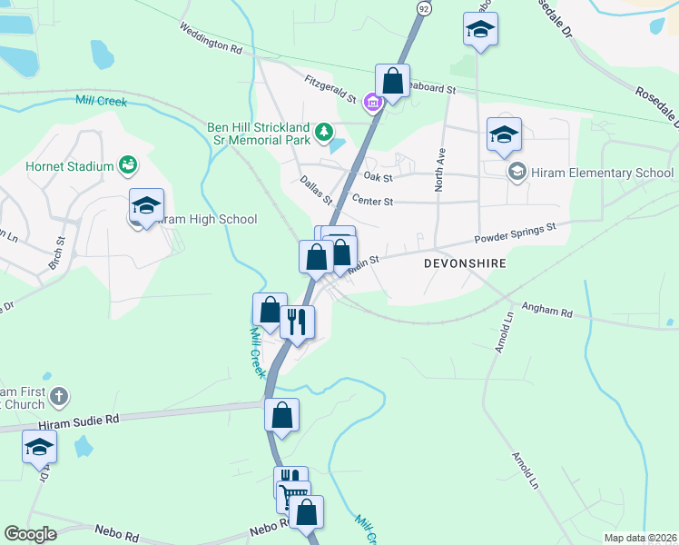 map of restaurants, bars, coffee shops, grocery stores, and more near 159 Main Street in Hiram