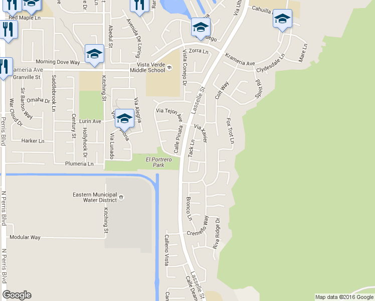 map of restaurants, bars, coffee shops, grocery stores, and more near 26067 Blazer Court in Moreno Valley