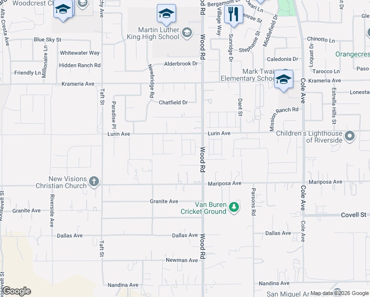 map of restaurants, bars, coffee shops, grocery stores, and more near 18870 Lurin Avenue in Riverside