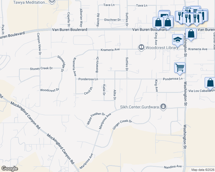 map of restaurants, bars, coffee shops, grocery stores, and more near 16780 Katie Drive in Riverside