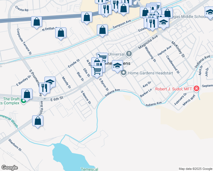map of restaurants, bars, coffee shops, grocery stores, and more near 3740 Brotherton Street in Corona