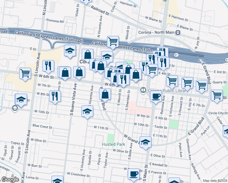 map of restaurants, bars, coffee shops, grocery stores, and more near 608 West 6th Street in Corona