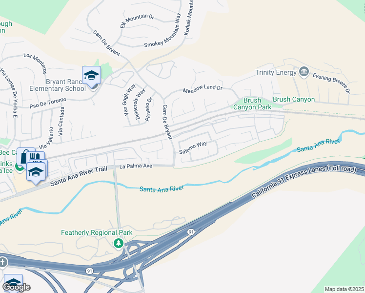 map of restaurants, bars, coffee shops, grocery stores, and more near 25504 Palermo Way in Yorba Linda