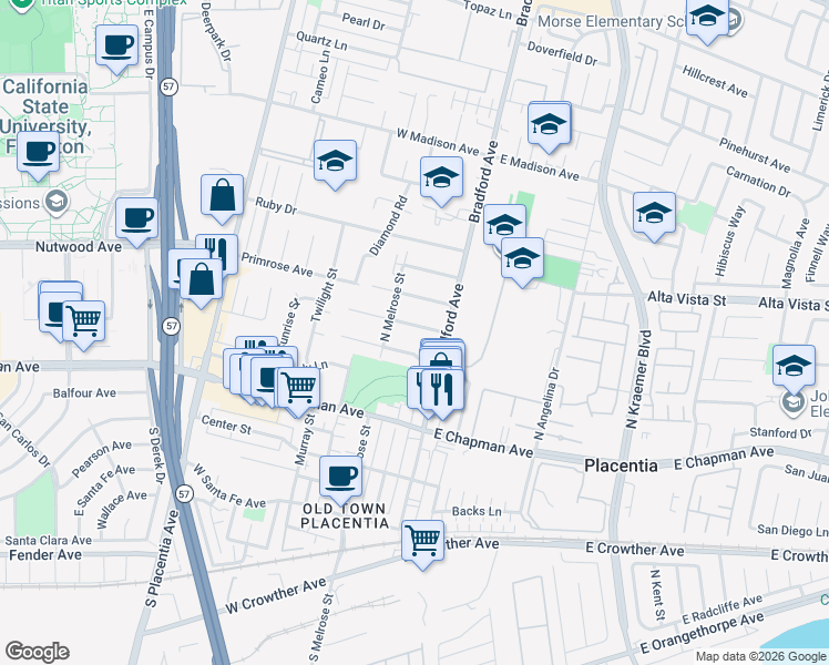 map of restaurants, bars, coffee shops, grocery stores, and more near 227 Orchid Drive in Placentia