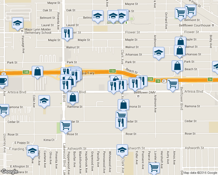 map of restaurants, bars, coffee shops, grocery stores, and more near 9318 Palm Street in Bellflower