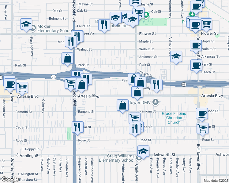map of restaurants, bars, coffee shops, grocery stores, and more near 9235 Artesia Boulevard in Bellflower
