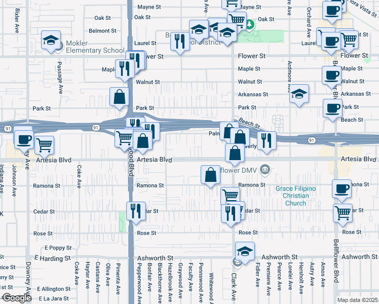 map of restaurants, bars, coffee shops, grocery stores, and more near 9240 Palm Street in Bellflower
