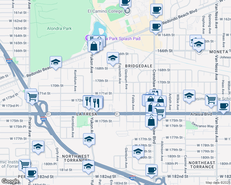 map of restaurants, bars, coffee shops, grocery stores, and more near 17020 Ermanita Avenue in Torrance