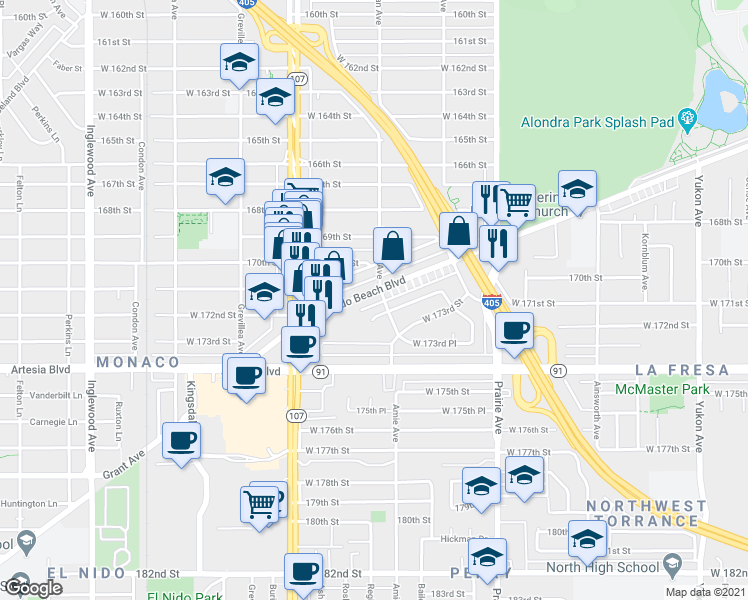 map of restaurants, bars, coffee shops, grocery stores, and more near 4181 Redondo Beach Boulevard in Lawndale