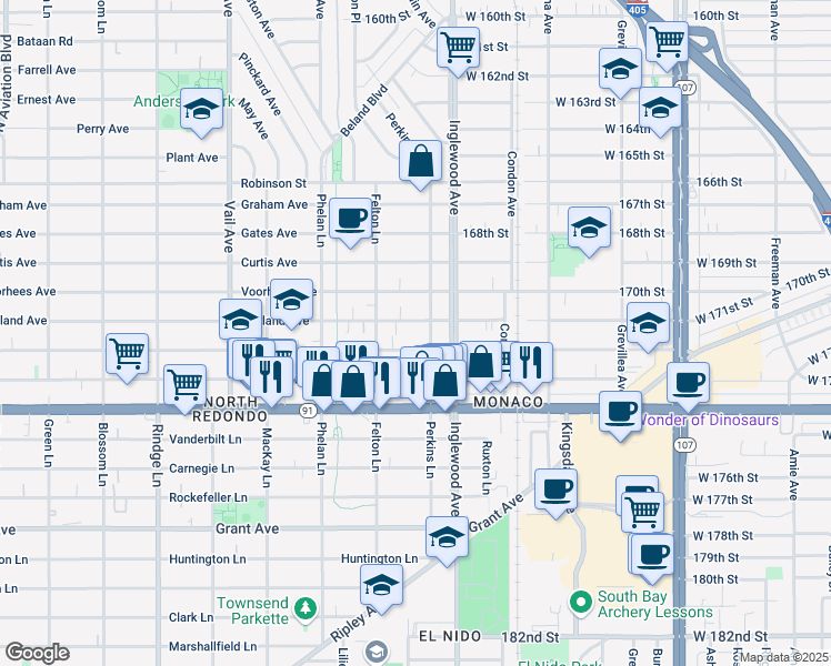 map of restaurants, bars, coffee shops, grocery stores, and more near 2611 Ruhland Avenue in Redondo Beach
