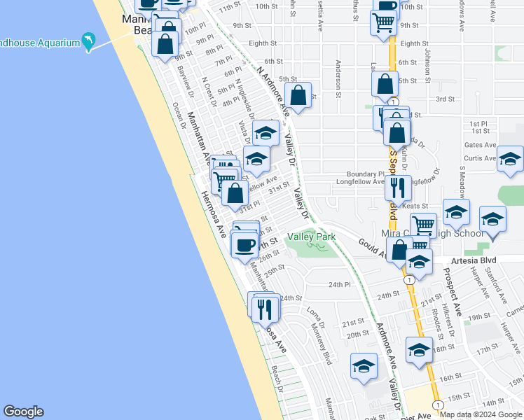 map of restaurants, bars, coffee shops, grocery stores, and more near 357 31st Street in Hermosa Beach