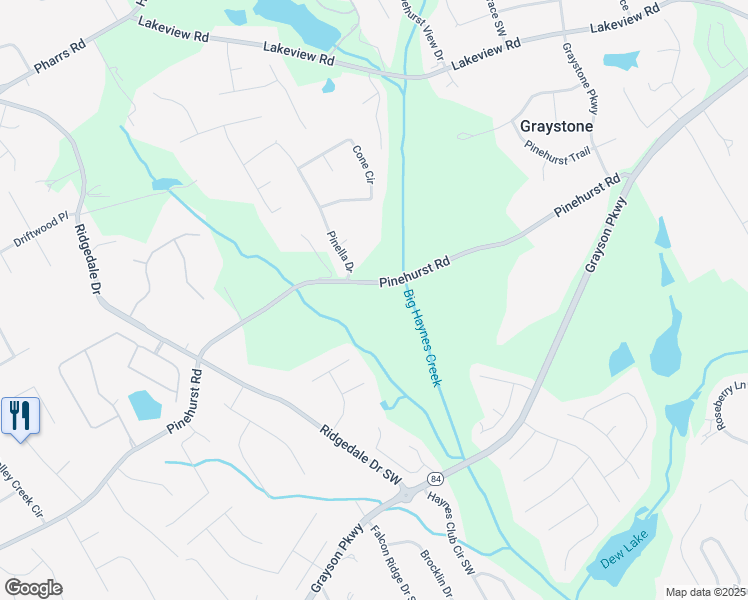 map of restaurants, bars, coffee shops, grocery stores, and more near 1427 Pinehurst Road in Grayson