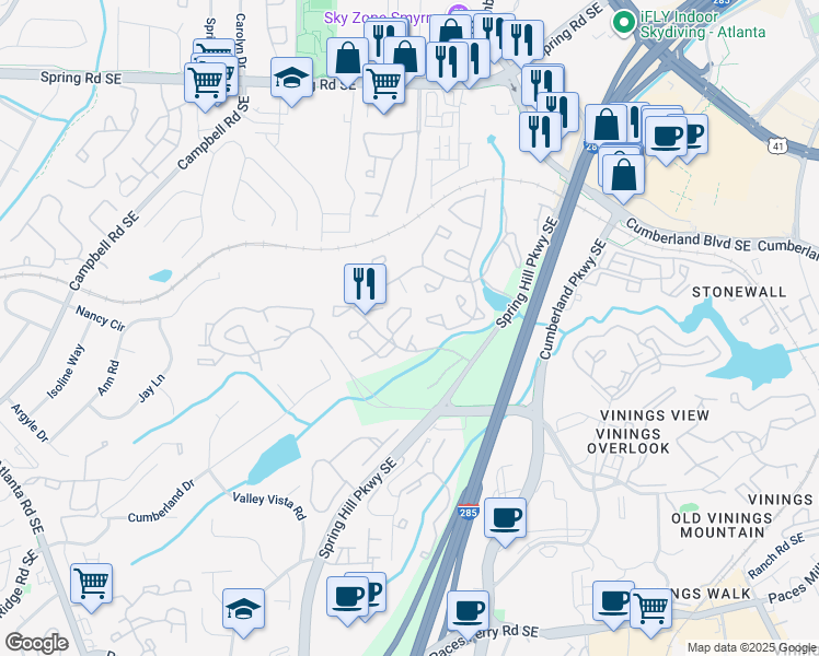 map of restaurants, bars, coffee shops, grocery stores, and more near 602 Cumberland Court in Smyrna