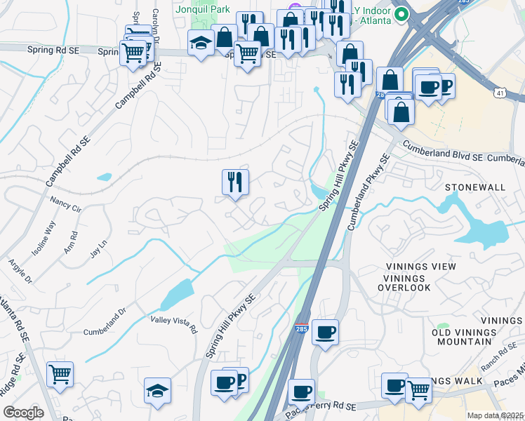 map of restaurants, bars, coffee shops, grocery stores, and more near 602 Cumberland Court in Smyrna