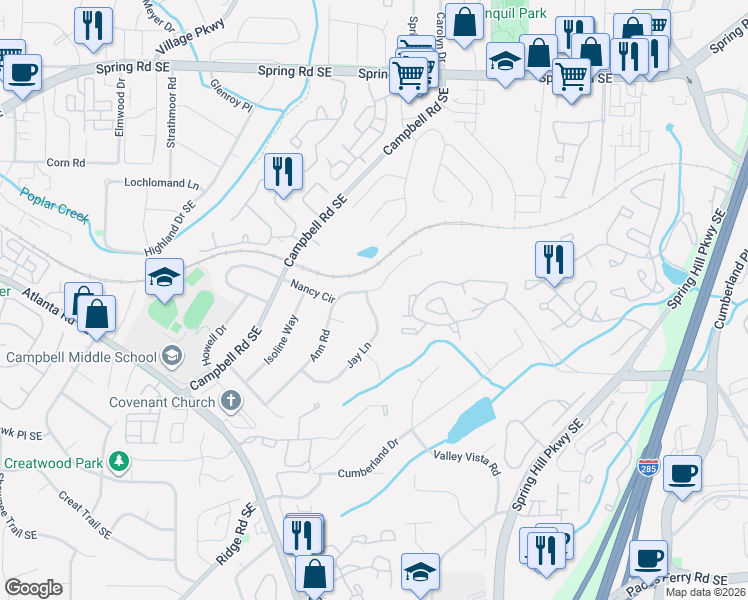 map of restaurants, bars, coffee shops, grocery stores, and more near 3160 Ann Road Southeast in Smyrna