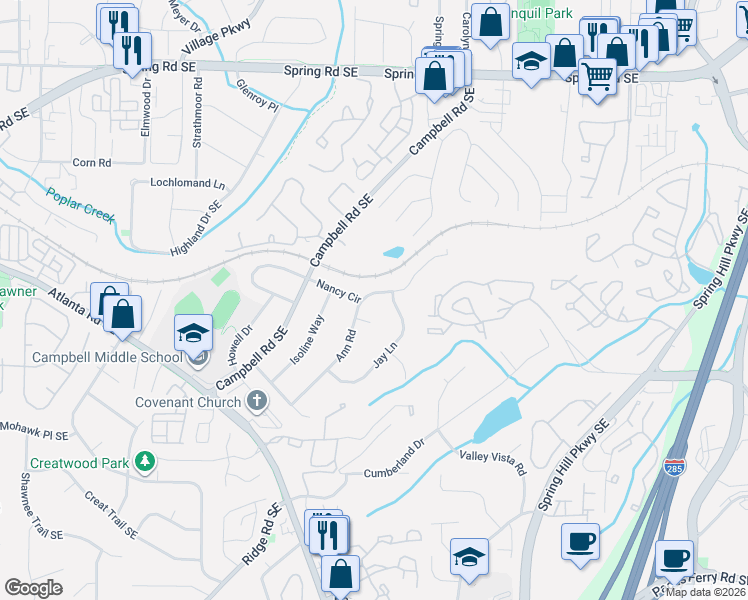 map of restaurants, bars, coffee shops, grocery stores, and more near 3188 Ann Road Southeast in Smyrna
