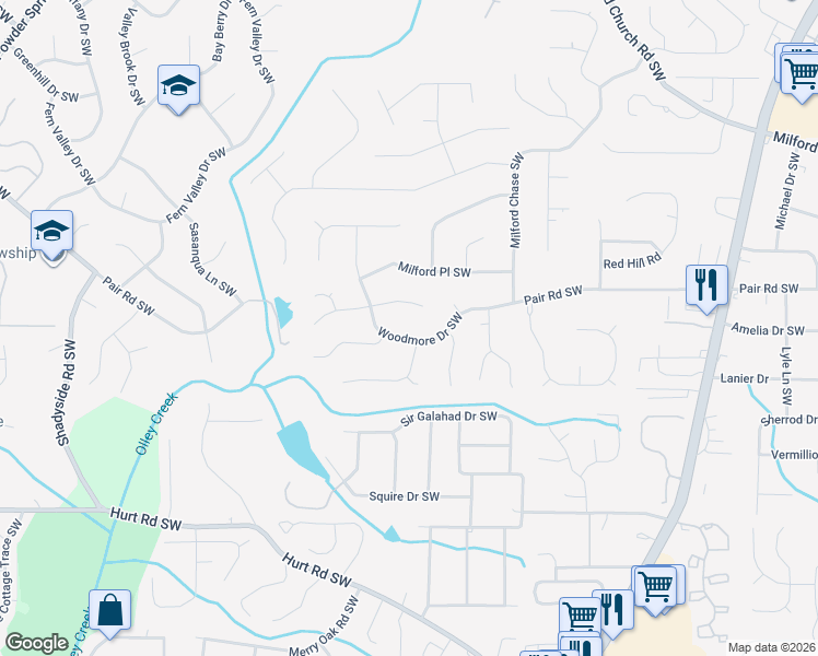 map of restaurants, bars, coffee shops, grocery stores, and more near 1701 Silverchase Drive Southwest in Marietta