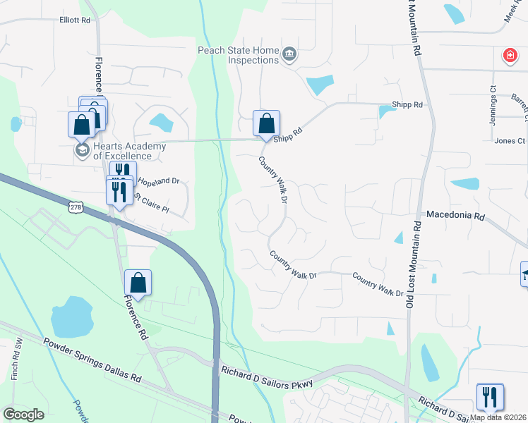 map of restaurants, bars, coffee shops, grocery stores, and more near 3139 Ramblewood Court in Powder Springs