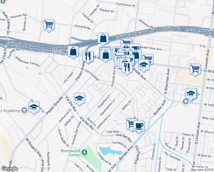 map of restaurants, bars, coffee shops, grocery stores, and more near 818 Live Oak Place in Corona