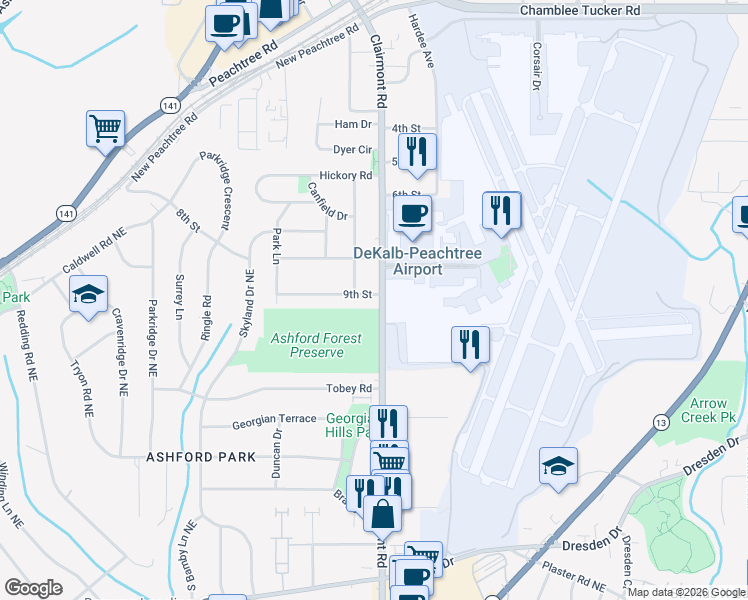 map of restaurants, bars, coffee shops, grocery stores, and more near 2999 Jefferson Street in Chamblee