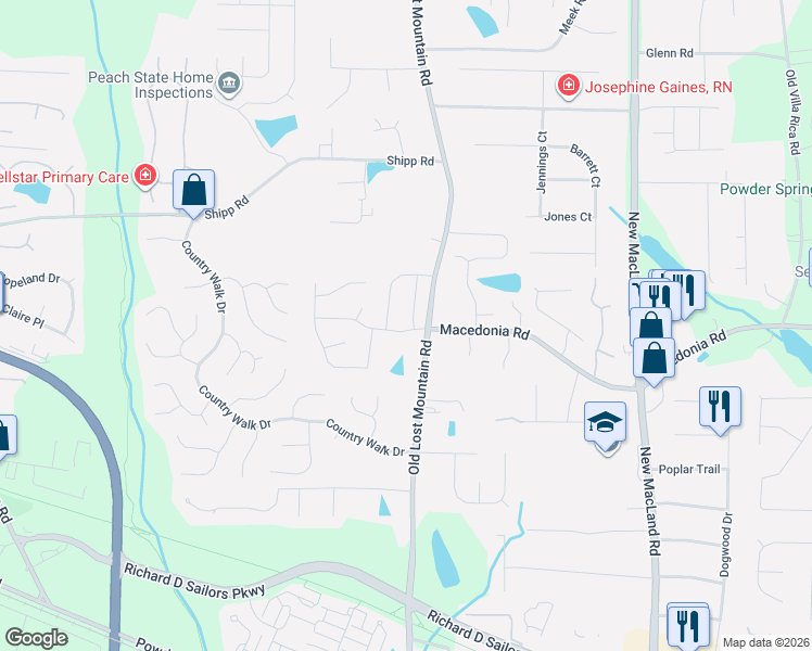 map of restaurants, bars, coffee shops, grocery stores, and more near 3215 Leprechaun Lane in Powder Springs