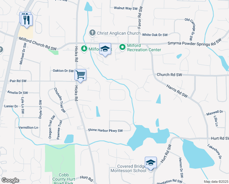 map of restaurants, bars, coffee shops, grocery stores, and more near 749 Village Lane Drive Southwest in Marietta