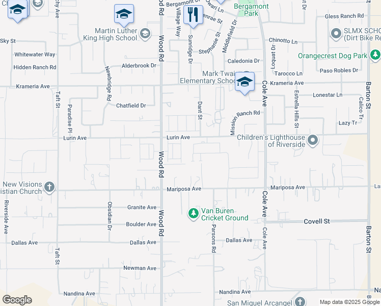 map of restaurants, bars, coffee shops, grocery stores, and more near 9649 Corcovado Way in Riverside
