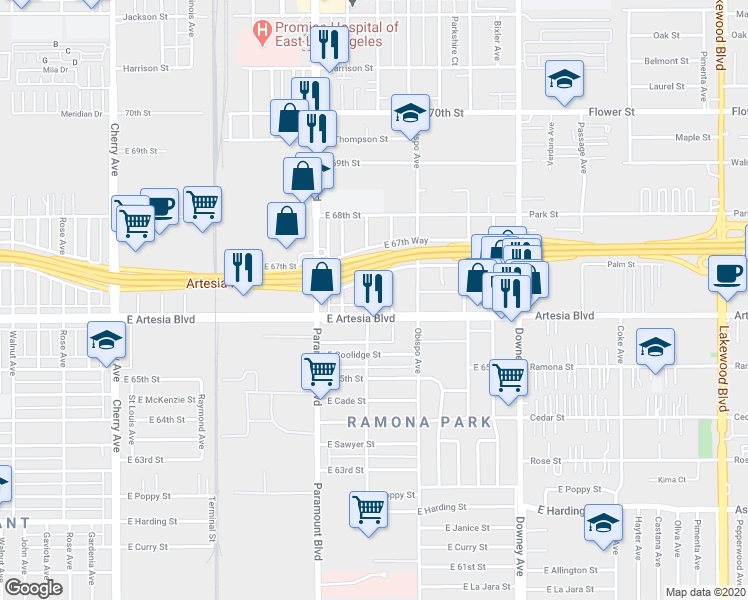 map of restaurants, bars, coffee shops, grocery stores, and more near 6626 Orizaba Avenue in Long Beach
