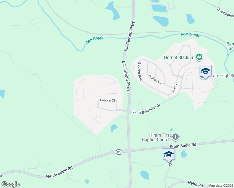 map of restaurants, bars, coffee shops, grocery stores, and more near 8 Majestic Court in Hiram