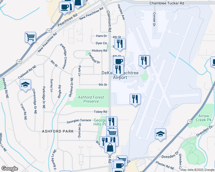 map of restaurants, bars, coffee shops, grocery stores, and more near 3910 Clairmont Road in Chamblee
