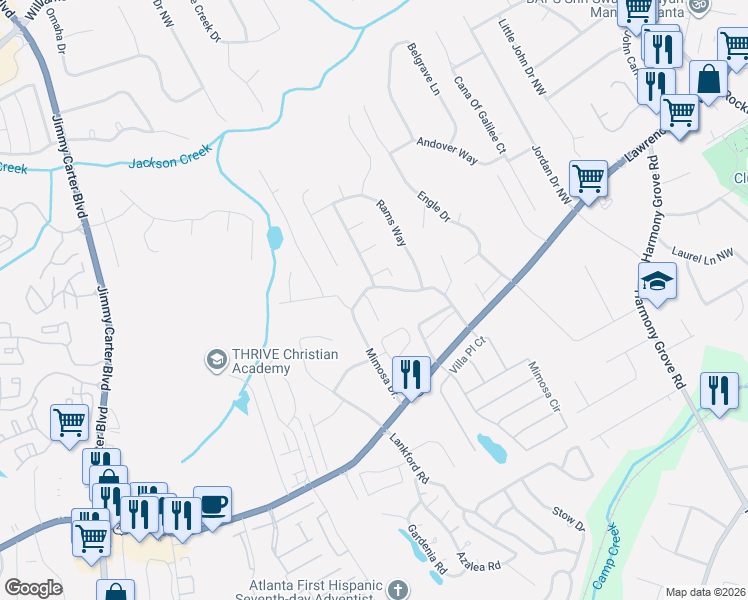 map of restaurants, bars, coffee shops, grocery stores, and more near 6031 Grovegate Lane in Tucker