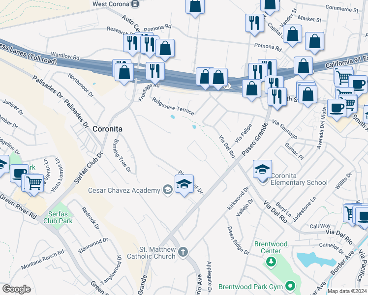 map of restaurants, bars, coffee shops, grocery stores, and more near 2020 Oakland Hills Drive in Corona