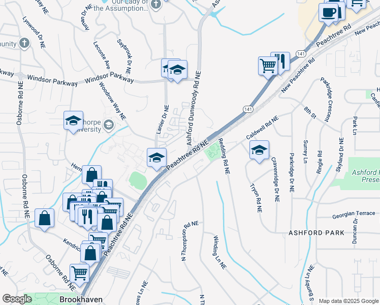 map of restaurants, bars, coffee shops, grocery stores, and more near Peachtree Boulevard in Atlanta
