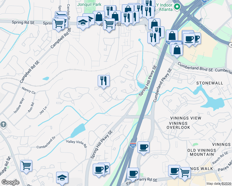 map of restaurants, bars, coffee shops, grocery stores, and more near 602 Cumberland Court in Smyrna