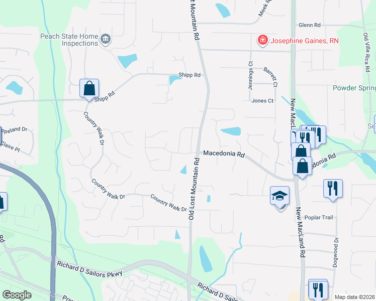map of restaurants, bars, coffee shops, grocery stores, and more near 3215 Leprechaun Lane in Powder Springs