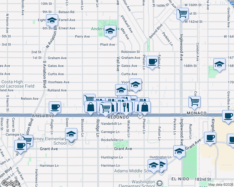 map of restaurants, bars, coffee shops, grocery stores, and more near 2211 Vail Avenue in Redondo Beach