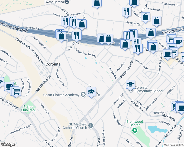 map of restaurants, bars, coffee shops, grocery stores, and more near 2020 Oakland Hills Drive in Corona