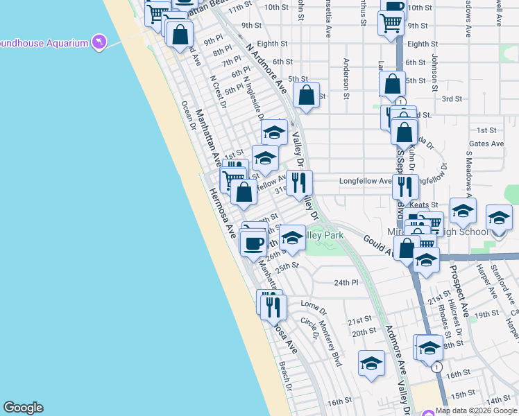 map of restaurants, bars, coffee shops, grocery stores, and more near 303 30th Street in Hermosa Beach