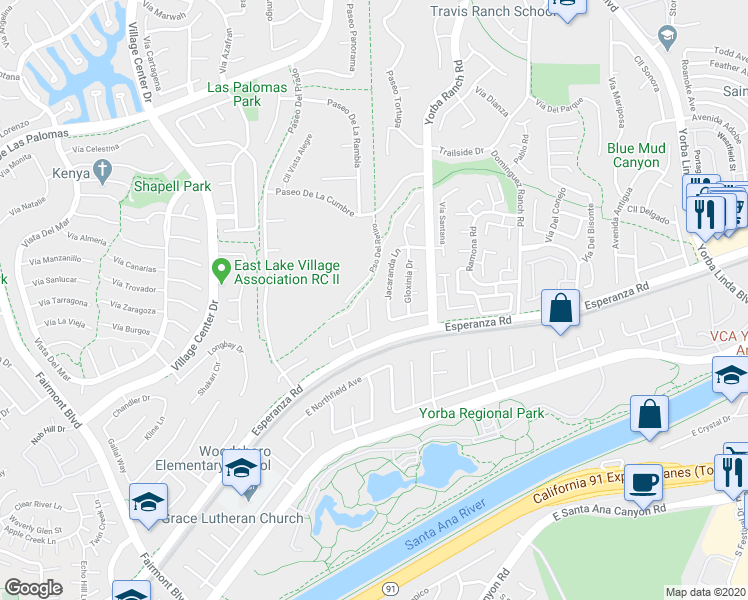 map of restaurants, bars, coffee shops, grocery stores, and more near 20770 Cottonwood Road in Yorba Linda