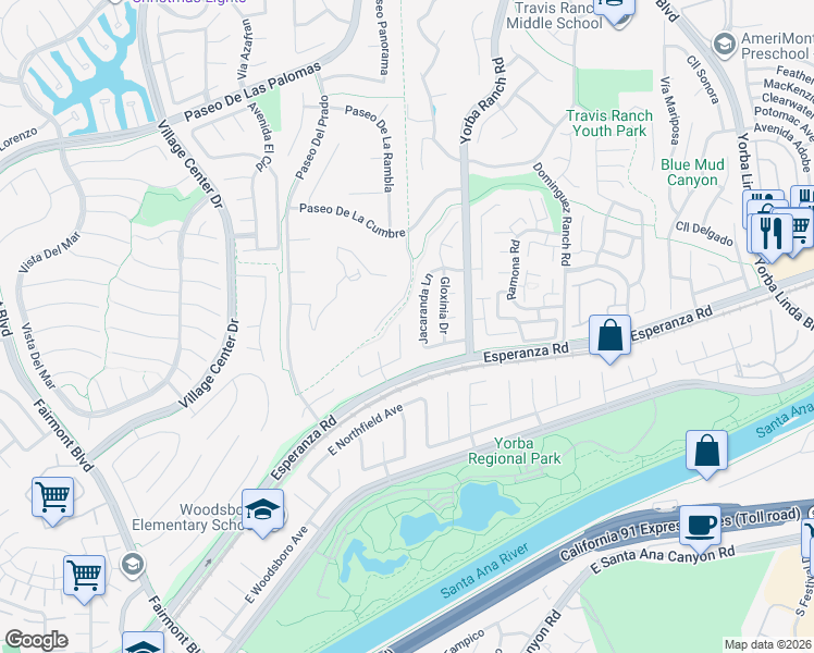 map of restaurants, bars, coffee shops, grocery stores, and more near 20770 Cottonwood Road in Yorba Linda