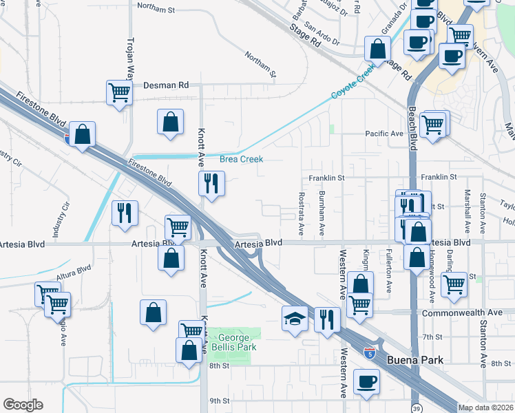map of restaurants, bars, coffee shops, grocery stores, and more near 5700 Spring Street in Buena Park