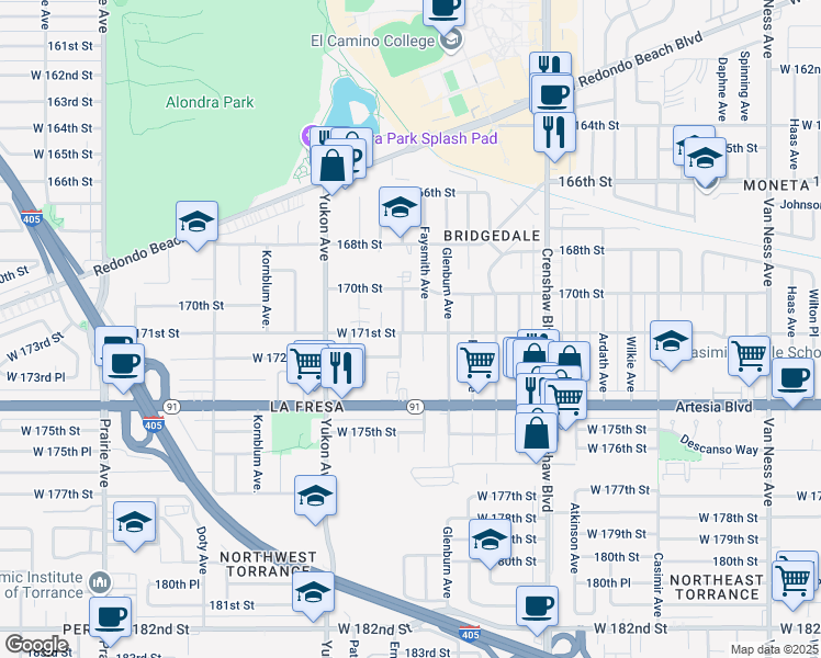 map of restaurants, bars, coffee shops, grocery stores, and more near 17020 Ermanita Avenue in Torrance